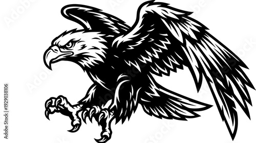 Aggressive eagle vector art, full body depiction of a powerful bird of prey with widespread wings and outstretched talons, symbolizing power and freedom