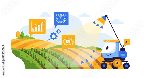 Precision Agriculture with AI Automation: Smart Farming Concept Vector Illustration of a Robot Sprayer and Data Analysis on a Crop Field.