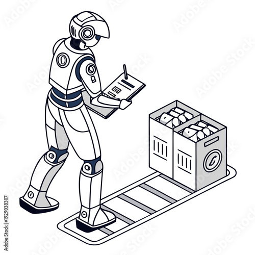 Robot efficiently moving goods with digital clipboard in hand