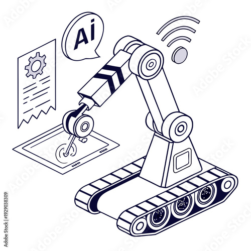 Robotic arm with AI technology interacting with digital tablet