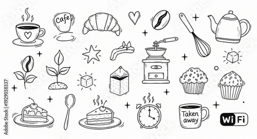 Collection of hand-drawn coffee shop and breakfast icons.