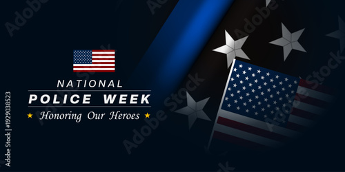National Police Week. American flag. Great for posters, banners, social media and more. Dark blue background.