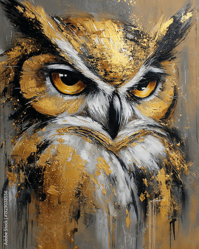 Abstract Golden Owl Portrait with Bold Brushstrokes and Intense Focused Eyes in Contemporary Art Style