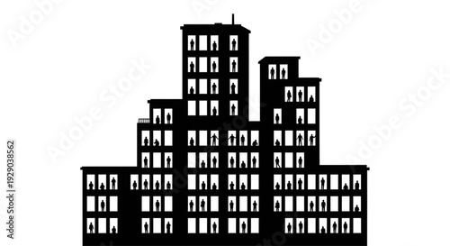 silhouette of a large apartment building with many windows showing small silhouettes of people inside