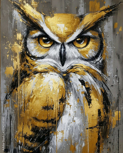 Abstract Golden Owl Portrait in Contemporary Mixed Media Style with Dramatic Brushstroke Texture on Canvas