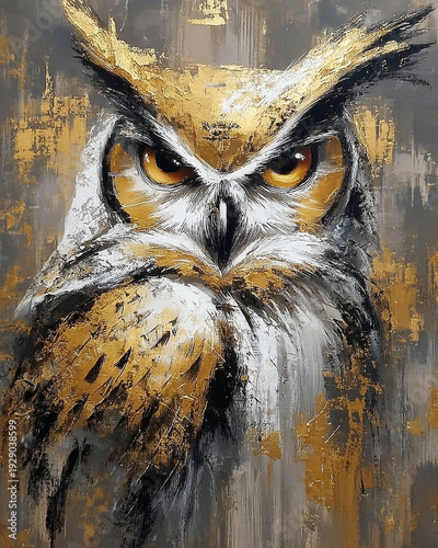 Gold Accented Owl Painting with Intense Gaze in Abstract Style on Textured Background for Wildlife Art Enthusiasts