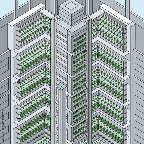 Modern high-rise building with green balconies and sleek architecture.
