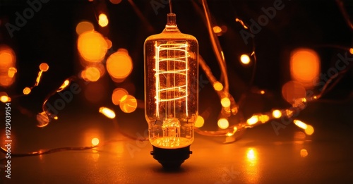 Vintage bulb glows warmly. Soft lights surround it, creating cozy ambiance. Dark background emphasizes illumination.
