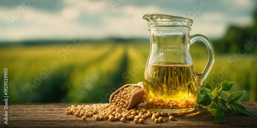 Soybean Oil in Glass Jug with Dry Soy Seeds and Green Agriculture Field Background