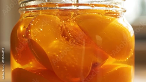 Sweet peach halves floating in syrup inside clear glass jar