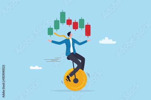 Investment trader, crypto currency trading risk, technical analysis expert or making profit and loss on investment, fund or exchange price, forex, businessman riding coin handle candle stick chart.