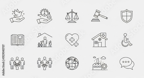 Collection of Hand Drawn Icons Representing Social Justice and Community.