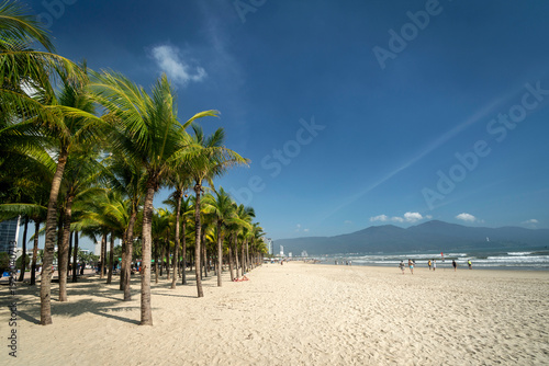 view of my khe beach tourist area in danang vietnam on sunny day