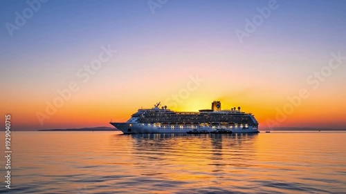 A cruise ship sailing at sunset on calm waters.