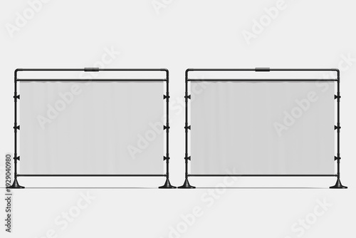 A line drawing of two large, rectangular, fabric-covered display panels, each supported by a metal frame and base