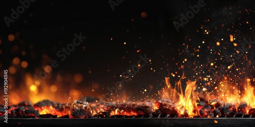 Glowing hot coals with rising flames and sparks in black background showing intense heat, burning embers, fire energy, combustion, fireplace texture, barbecue concept, glowing charcoal fire