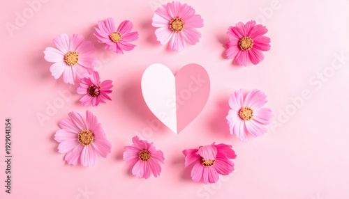 Pink cosmos flowers encircle a heart shape on a solid light pink background