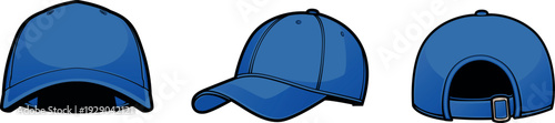 Colored vector illustration set of blank blue baseball caps featuring front, angled, and back views. Perfect for streetwear brand identity, sports team merchandise, and apparel mockups.