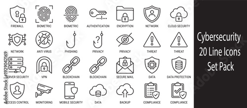 Cybersecurity Line Icon Set Pack. Vector Illustration. featuring firewall, biometric, authentication, encryption, network, cloud security, anti virus, privacy,  threat, server, blockchain more Icons