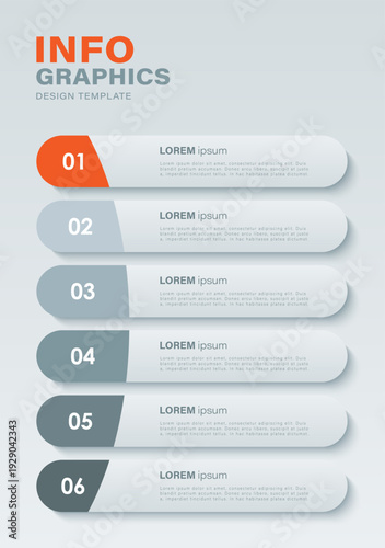 Vertical minimalistic infographic layout with bright orange accents. 6 steps processes template for data visualization