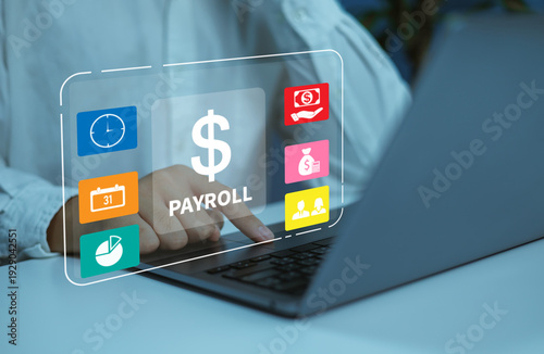 Digital payroll management system, Person working on laptop screen salary icons, employee payment processing tax calculation, HR software financial analytics dashboard business accounting automation