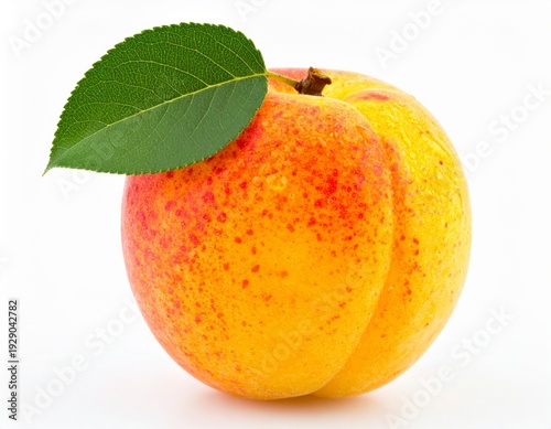 Single fresh ripe peach with green leaf, isolated on pure white background