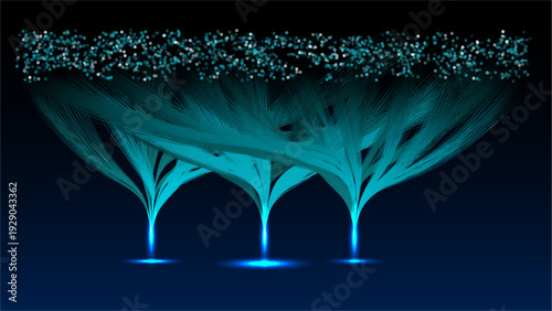 Abstract digital art depicting three blue light streams with particle effects on transparency background