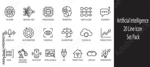 Artificial Intelligence Line Icon Set Pack. Vector Illustration. featuring ai, core, neural, net, processing, cpu, robotics, data, flow, chatbot, voice, automation, vision, algorithm, cloud more Icons