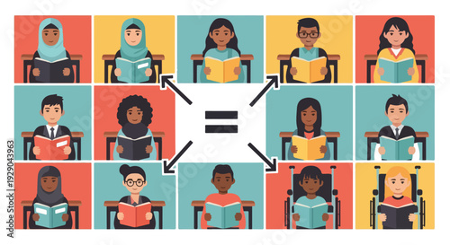 Diverse group of people from different ethnicities and abilities sitting in chairs with equality symbol, conveying a sense of unity and zero discrimination day in a vibrant, colorful setting