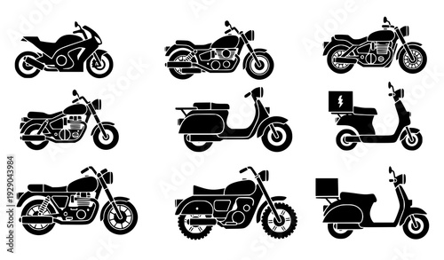 Motorcycle Scooter Icon Set Transport Silhouette Vector Collection Transparent Background