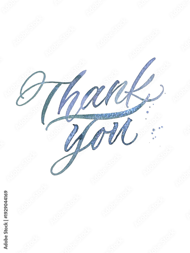 Obraz premium Handwritten Thank You in shimmering glitter blue ink with brush calligraphy