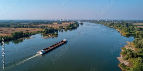 Drone View of Barge Navigating Sava River in Smederevo on a Clear Summer Day