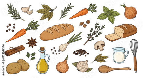 Collection of fresh ingredients for cooking and baking.