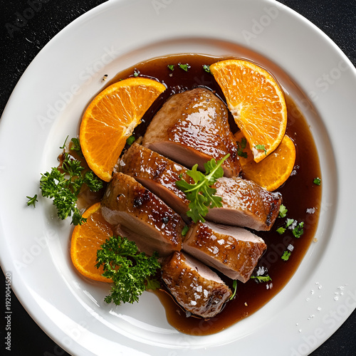 Savoring gourmet orange-glazed duck breast elegant restaurant food photography fine dining top-down view culinary excellence