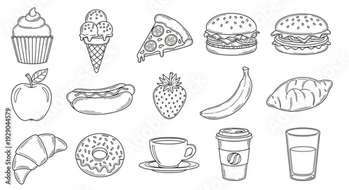 Collection of hand drawn food and drink icons in black and white.