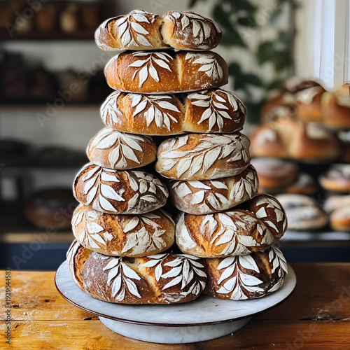 Artisan bread stacked in bakery gourmet food display rustic environment close-up viewpoint culinary concept