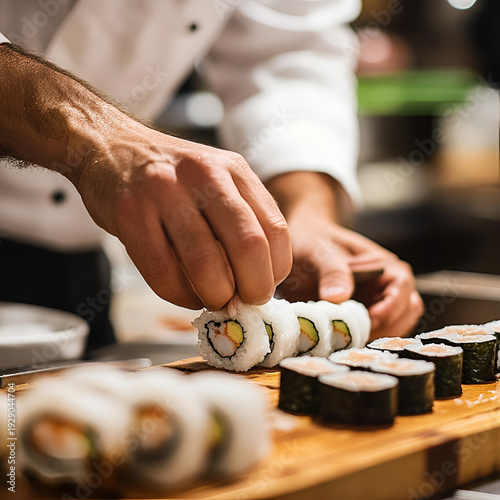 Sushi rolling action sushi bar food photography culinary environment close-up view japanese cuisine craft