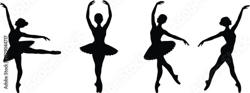 Elegant ballet dancer silhouettes, classical dance poses, graceful female performers, artistic movement, minimal black figures, isolated on white background