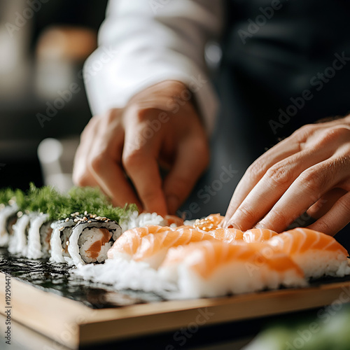 Sushi preparation action culinary studio food photography contemporary setting close-up view culinary art