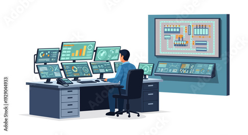 Command Center Operator Monitoring Data Dashboards and Industrial System Controls