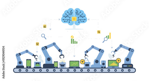 Artificial Intelligence (AI) Smart Factory Automation. Robotic Arms on Production Line Controlled by Machine Learning Brain.