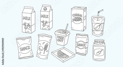 Collection of hand drawn beverage and snack packaging illustrations.