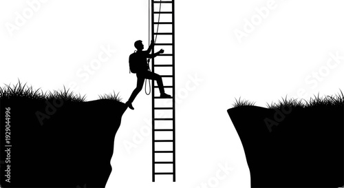 silhouette of a man with a backpack climbing a tall ladder placed between two cliff edges