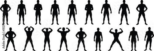 male bodybuilder silhouettes, fitness poses set, muscular men, bodybuilding postures, strength training concept, gym exercise illustration, isolated black figures