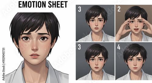 Emotion sheet of a young person with different facial expressions and feelings.