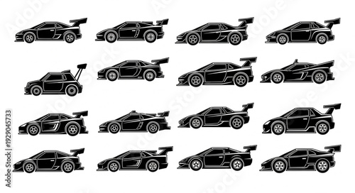Collection of black pixel art race cars in various designs and styles.