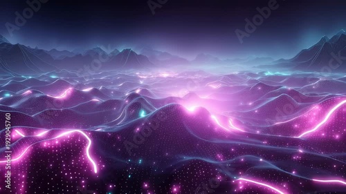 Futuristic aerial flyover of glowing neon waves and particle terrain in a digital landscape purple and blue light cinematic view