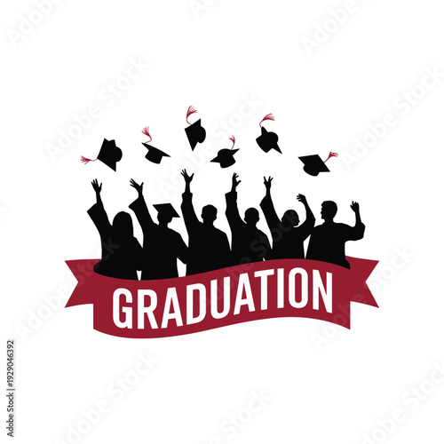 Graduation Celebration Silhouette of Students Throwing Caps with Red Ribbon Banner