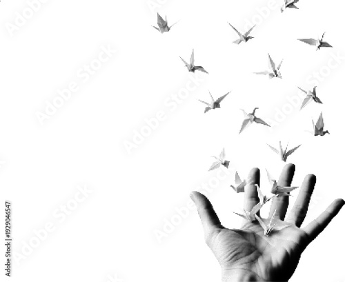 Birds Flying from Hands with Halftone Texture Effect