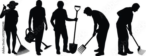 Gardeners silhouettes working together, farming tools collection, outdoor labor teamwork concept, agriculture workers, landscaping activity, black shadow people illustration